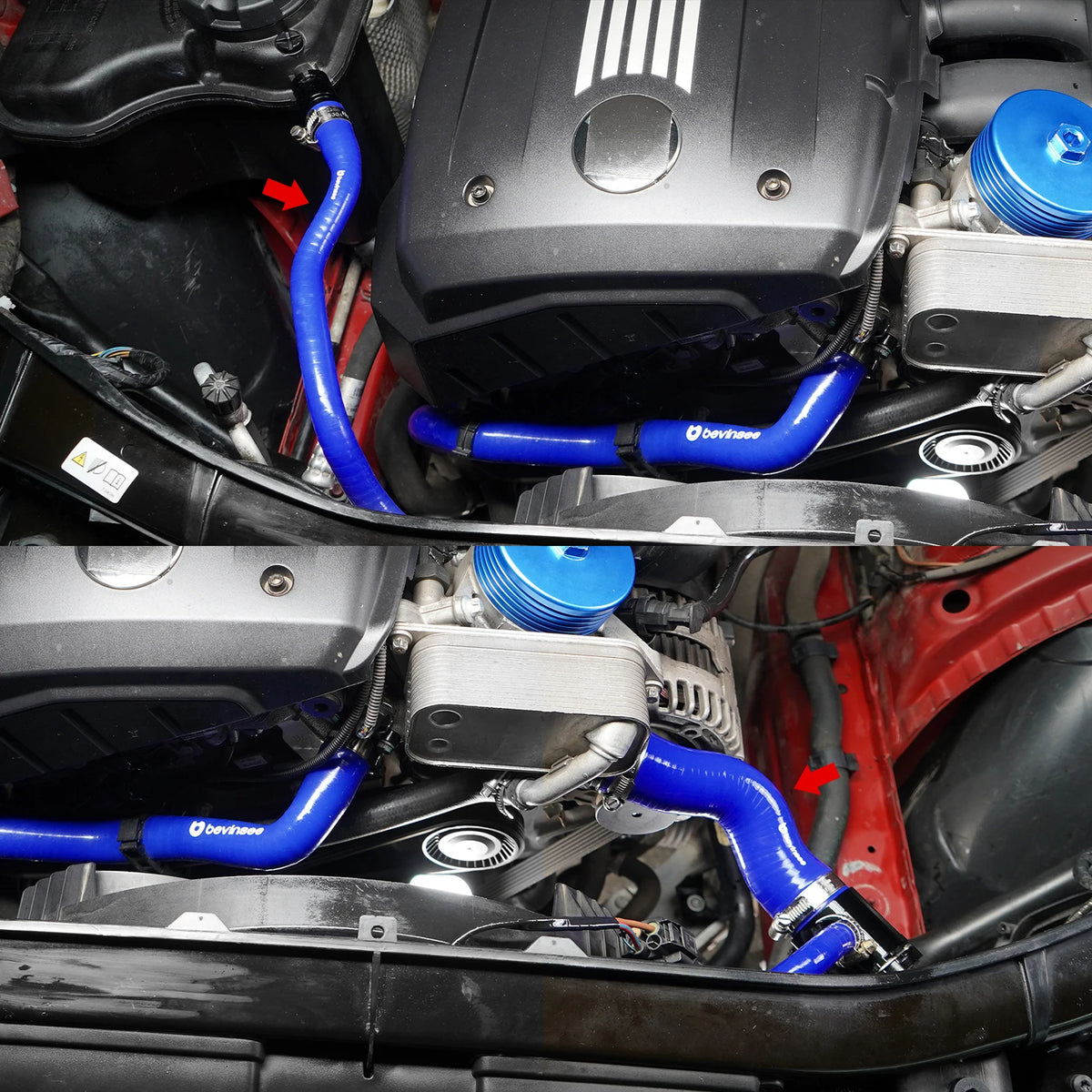 Silicone radiator & expansion tank hose kit, blue hoses installed on BMW N52 | Wrench Haus