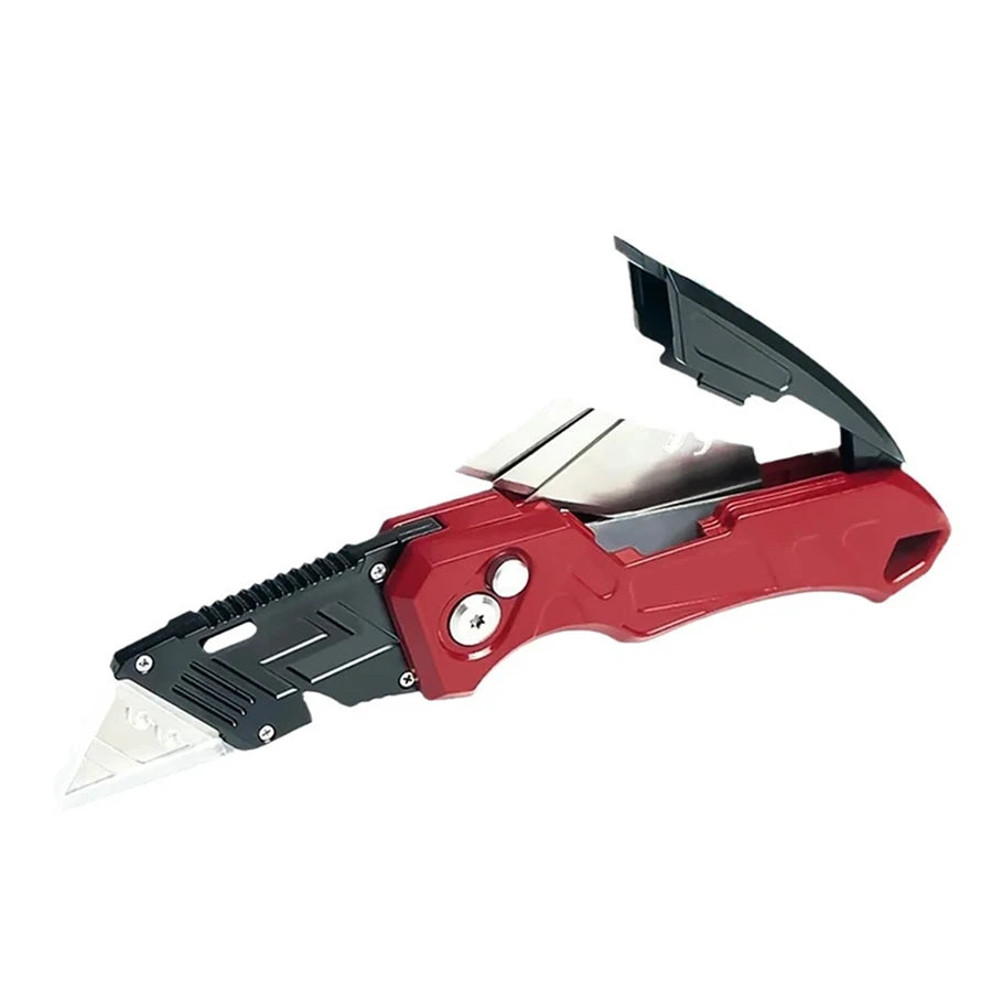 Folding Utility Knife with Replaceable Blades - Red aluminum handle utility knife open showing multiple blade storage slots | Wrench Haus