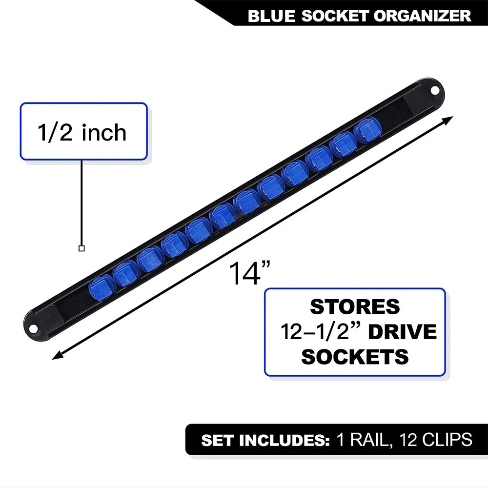 360° Swivel Socket Organizer Rail - 1/2 inch drive rail spec showing 14 inch length storing up to 12 half-inch drive sockets | Wrench Haus