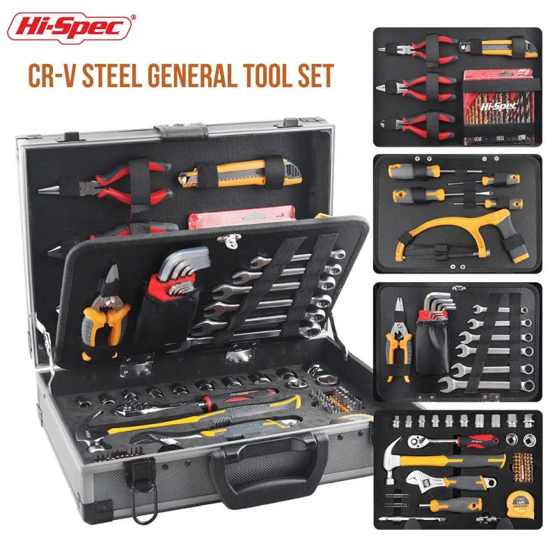 91-Piece Professional Tool Set - Hi-Spec "CR-V Steel General Tool Set" product spec sheet showing full contents list and case image | Wrench Haus