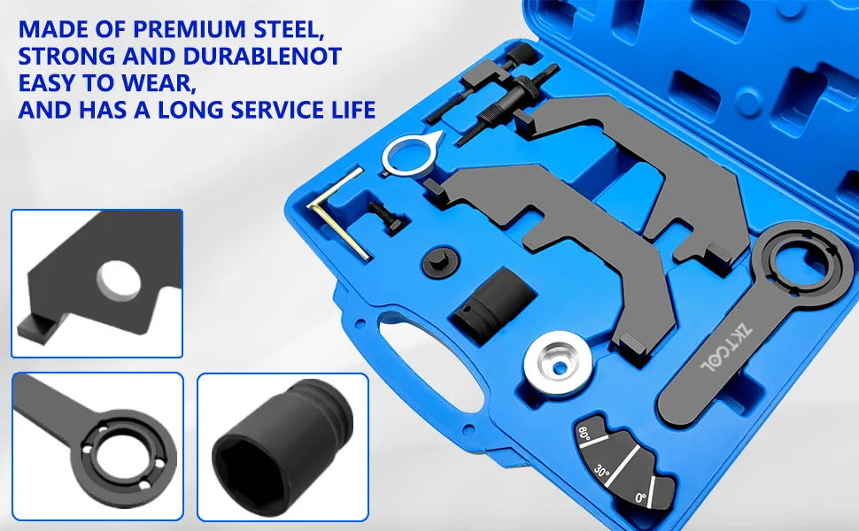 BMW N62/N73 camshaft locking kit in case with inset close-ups of the plate, wrench and black sleeve | Wrench Haus