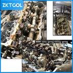 Open BMW cylinder head labeling valve spring, eccentric shaft and camshaft, with compressor inset | Wrench Haus