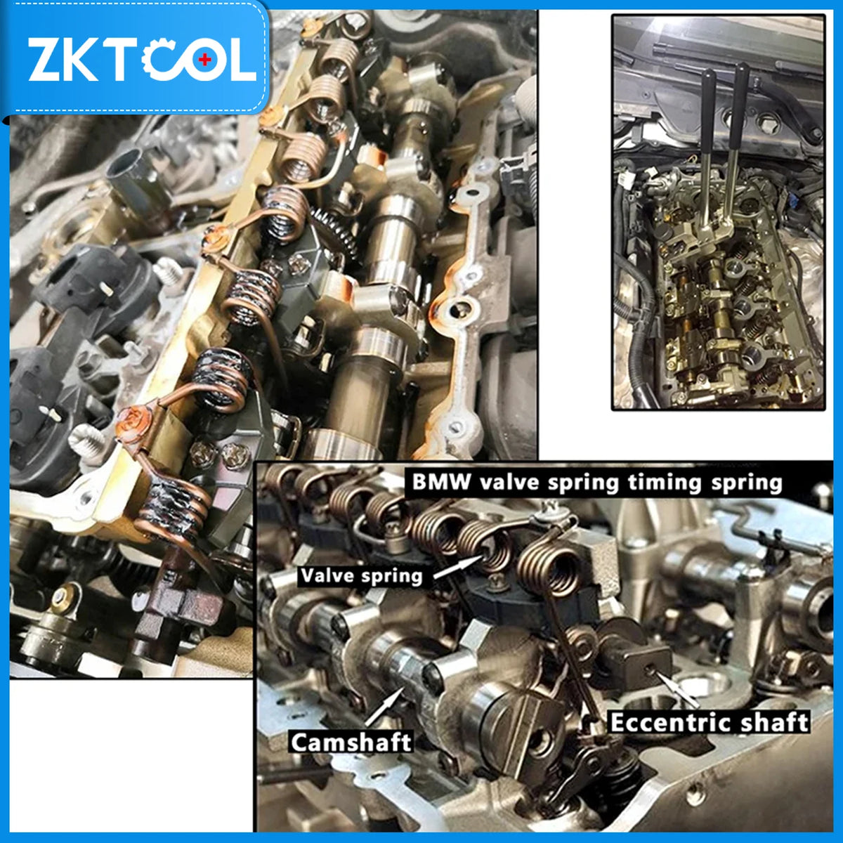 Open BMW cylinder head labeling valve spring, eccentric shaft and camshaft, with compressor inset | Wrench Haus
