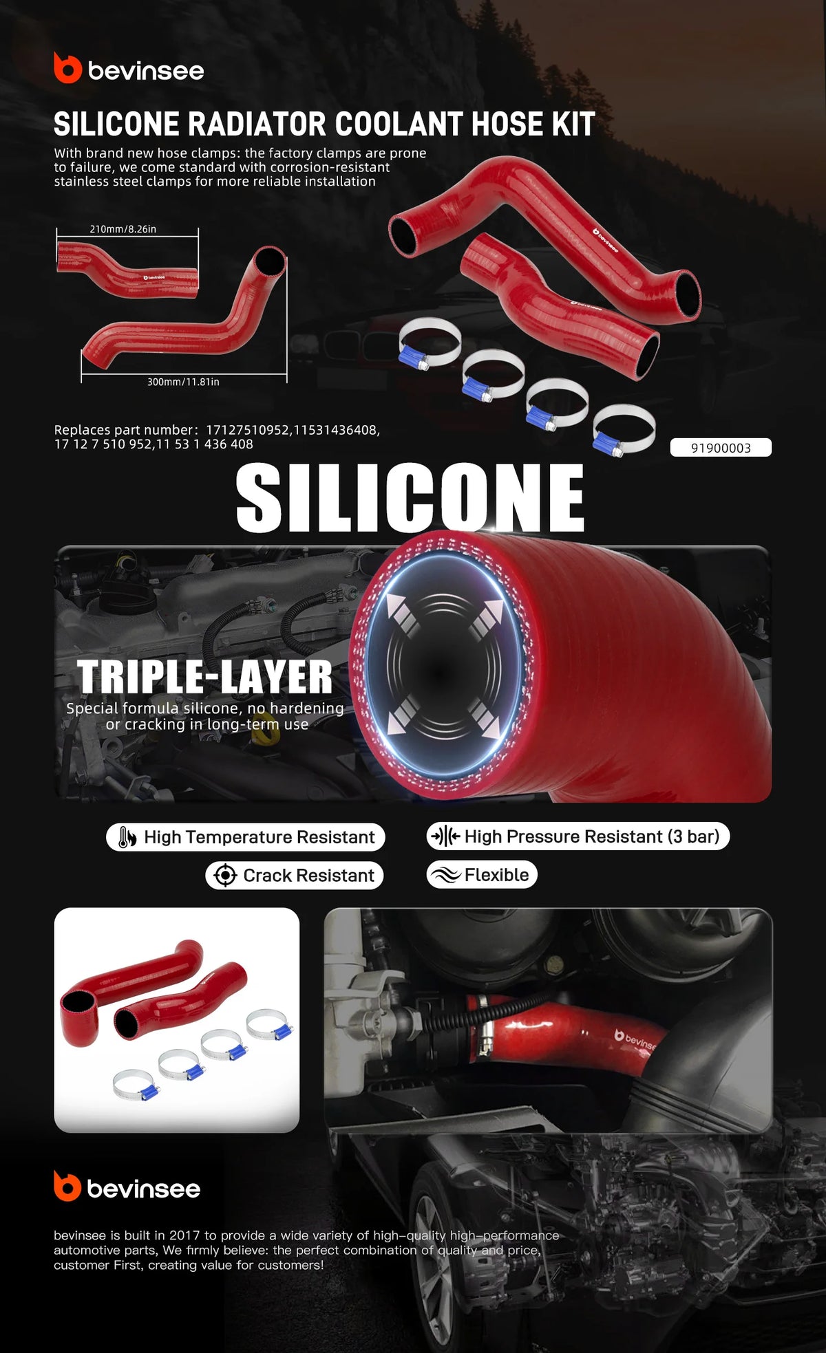Silicone radiator hose kit infographic, red version with triple-layer cross-section | Wrench Haus