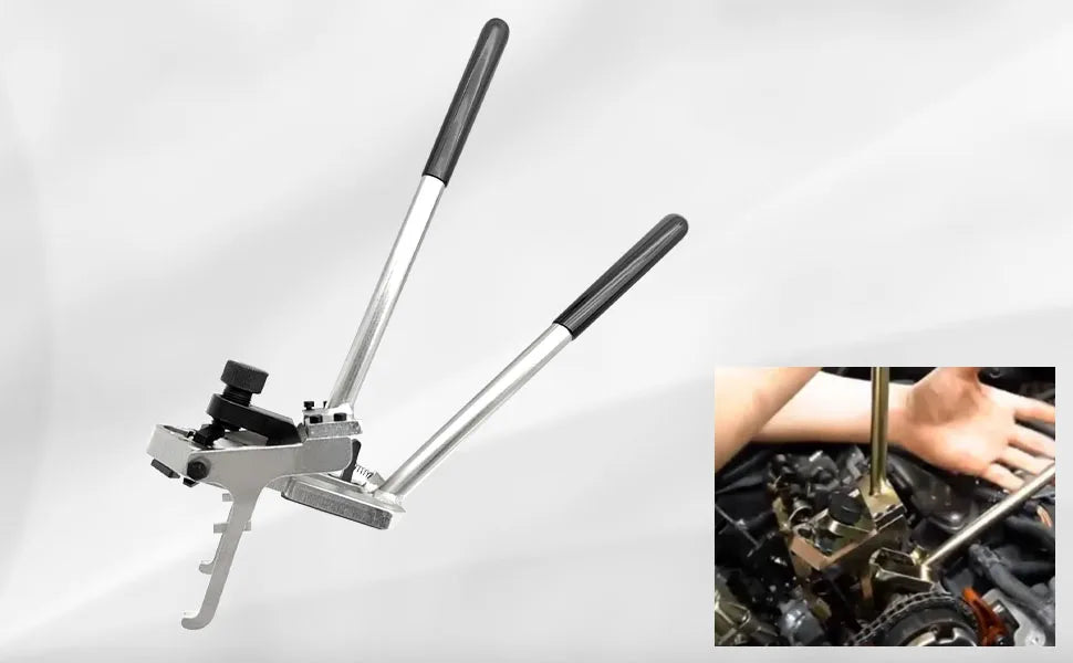 BMW 117110 valve spring compressor with one handle opened, inset of it pressing a valve spring | Wrench Haus