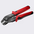 Ratcheting Crimping Tool Set SN-58B - SN-58B ratcheting crimping pliers open position showing red ergonomic handles and carbon steel body | Wrench Haus
