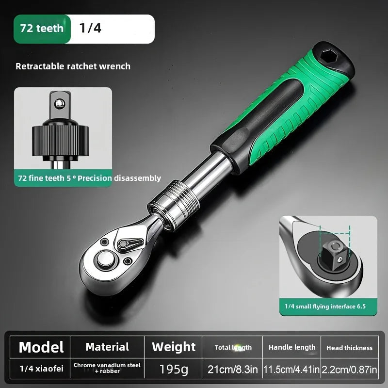 Retractable Ratchet 3/8 Inch Drive 72T - Extendable Green Handle Quick Release | Wrench Haus