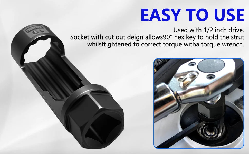 Single strut nut sleeve close-up with hex key slot, inset of it used with a torque wrench | Wrench Haus