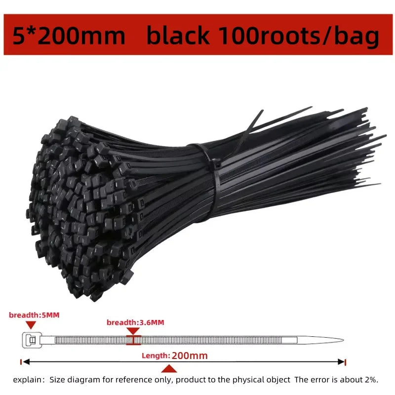 Black Nylon Zip Ties 5x200mm - Bundle of 100 black zip ties with 5mm width and 200mm length dimension callout | Wrench Haus