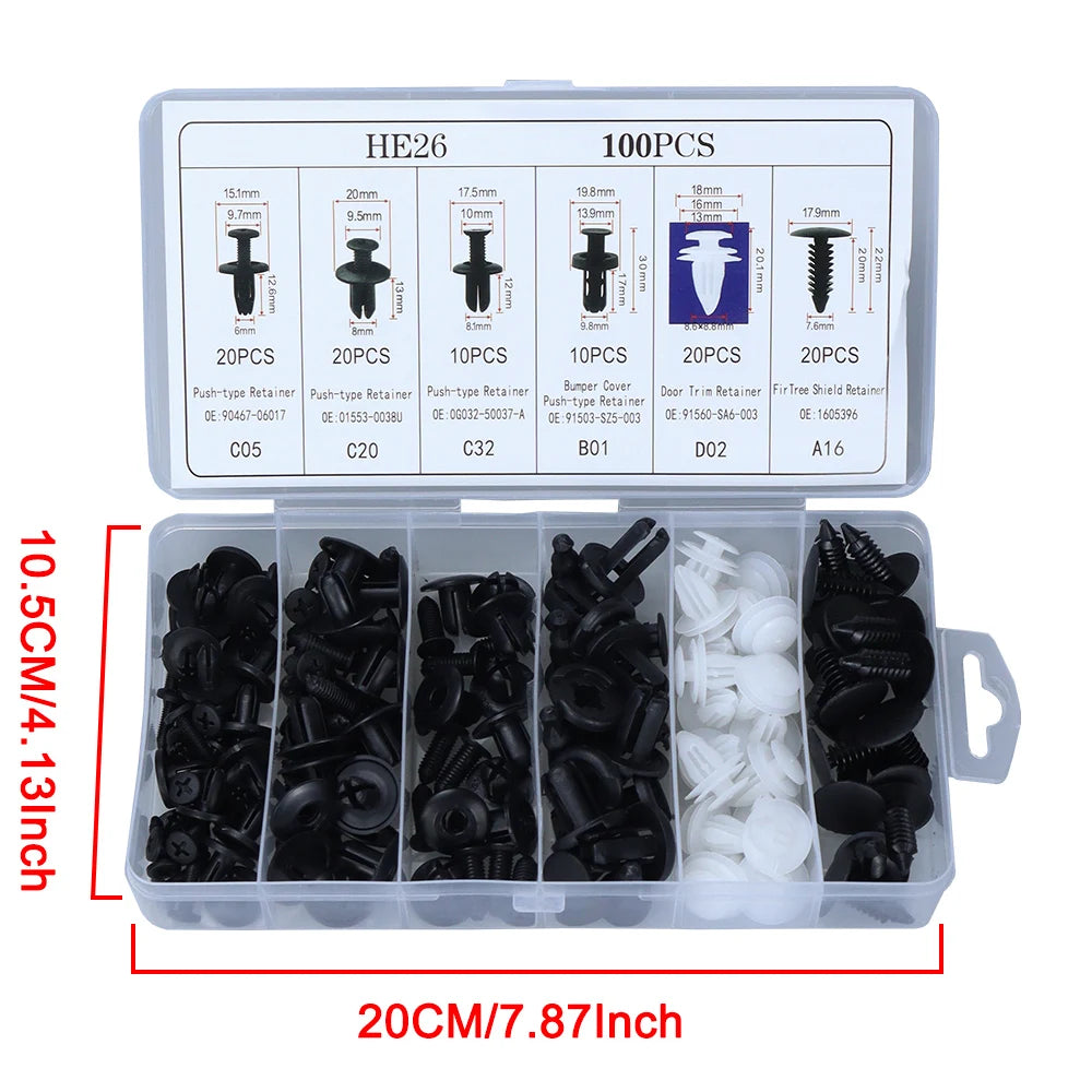 100-piece push retainer clip kit in a 20cm by 10.5cm compartment case | Wrench Haus