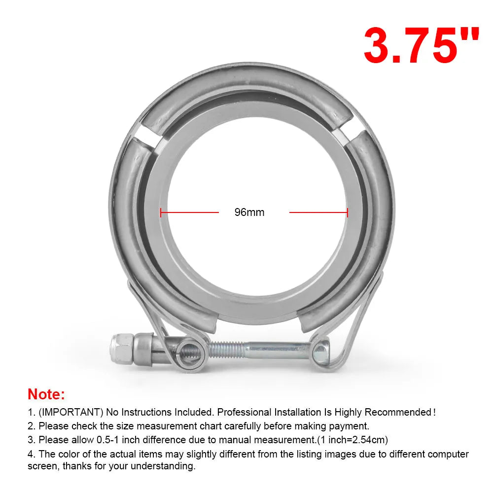 3.75 inch stainless V-band clamp front view with 96mm inner diameter marked | Wrench Haus