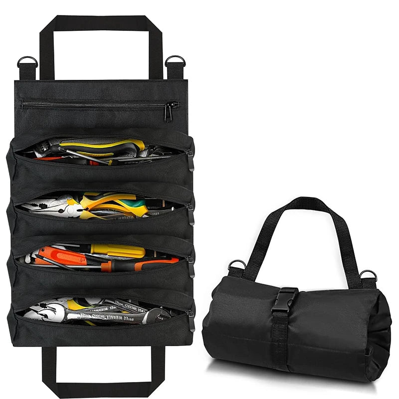 Heavy Duty Tool Roll Bag as Duffel Black - Canvas Roll-Up Wrench Organizer Carry Handles | Wrench Haus