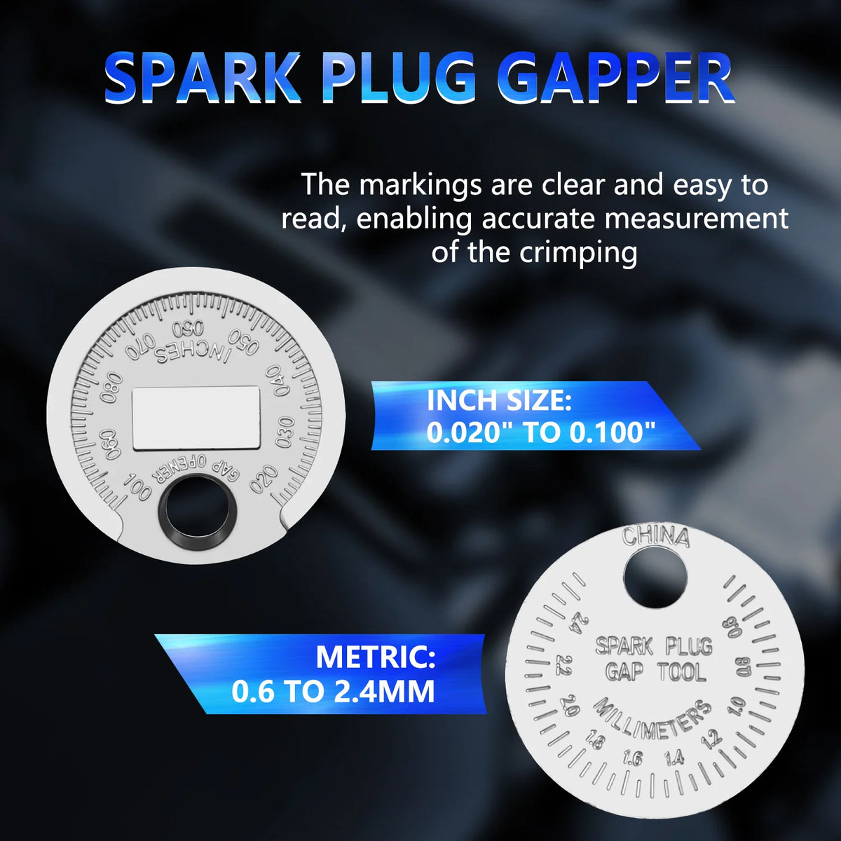 Spark plug gapper coin with 0.020-0.100 inch and 0.6-2.4 mm scales from the 15-piece set | Wrench Haus