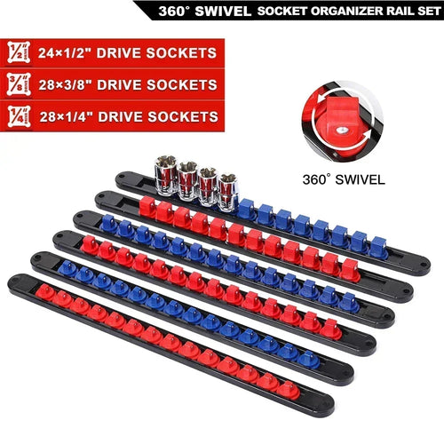 360 Swivel Socket Organizer Rail - ABS Blue Red | Wrench Haus
