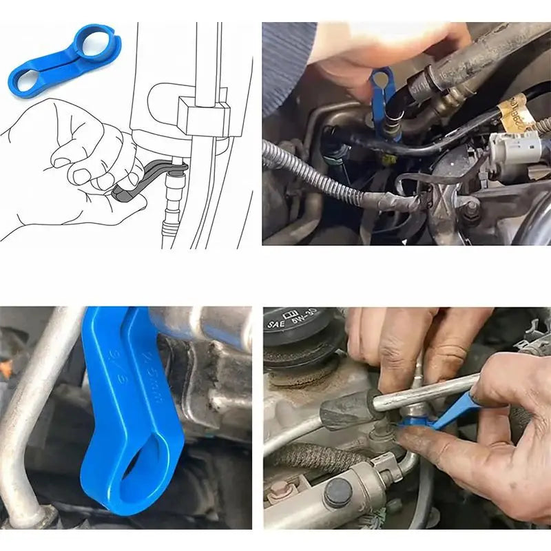 A/C and fuel line disconnect tools in use on vehicle lines, with drawing and close-up photos | Wrench Haus
