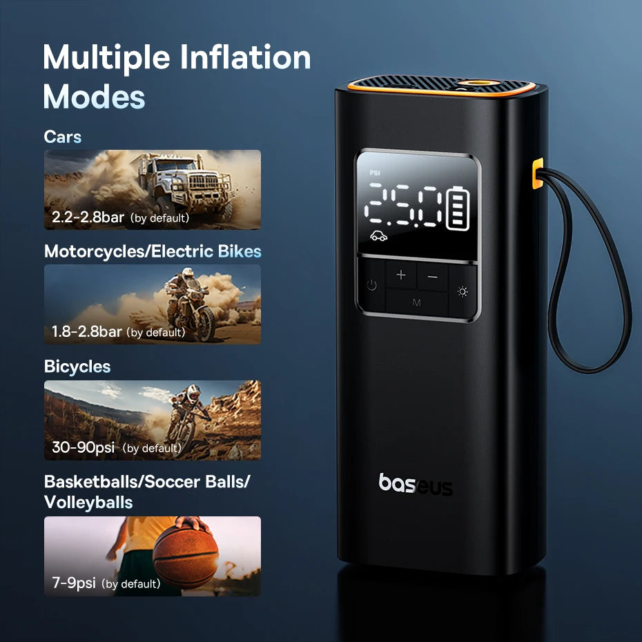 Baseus Portable Air Compressor - Inflation mode selection graphic showing car tire, bicycle, motorcycle, and sports ball presets | Wrench Haus