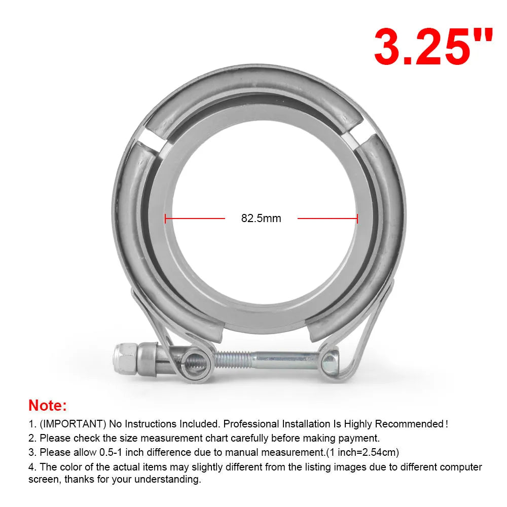 3.25 inch stainless V-band clamp front view with 82.5mm inner diameter marked | Wrench Haus