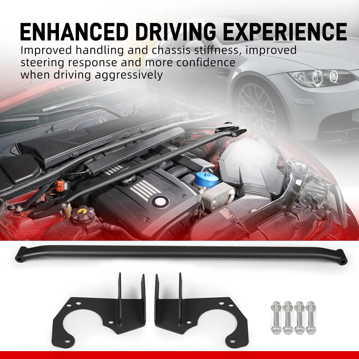 Powder-coated steel strut bar with welded reinforcement for BMW E92 | Wrench Haus