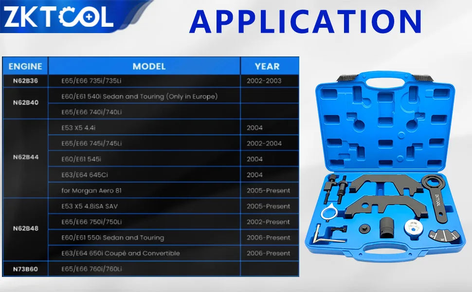 BMW N62/N73 camshaft locking tool application table shown beside the blue storage case | Wrench Haus