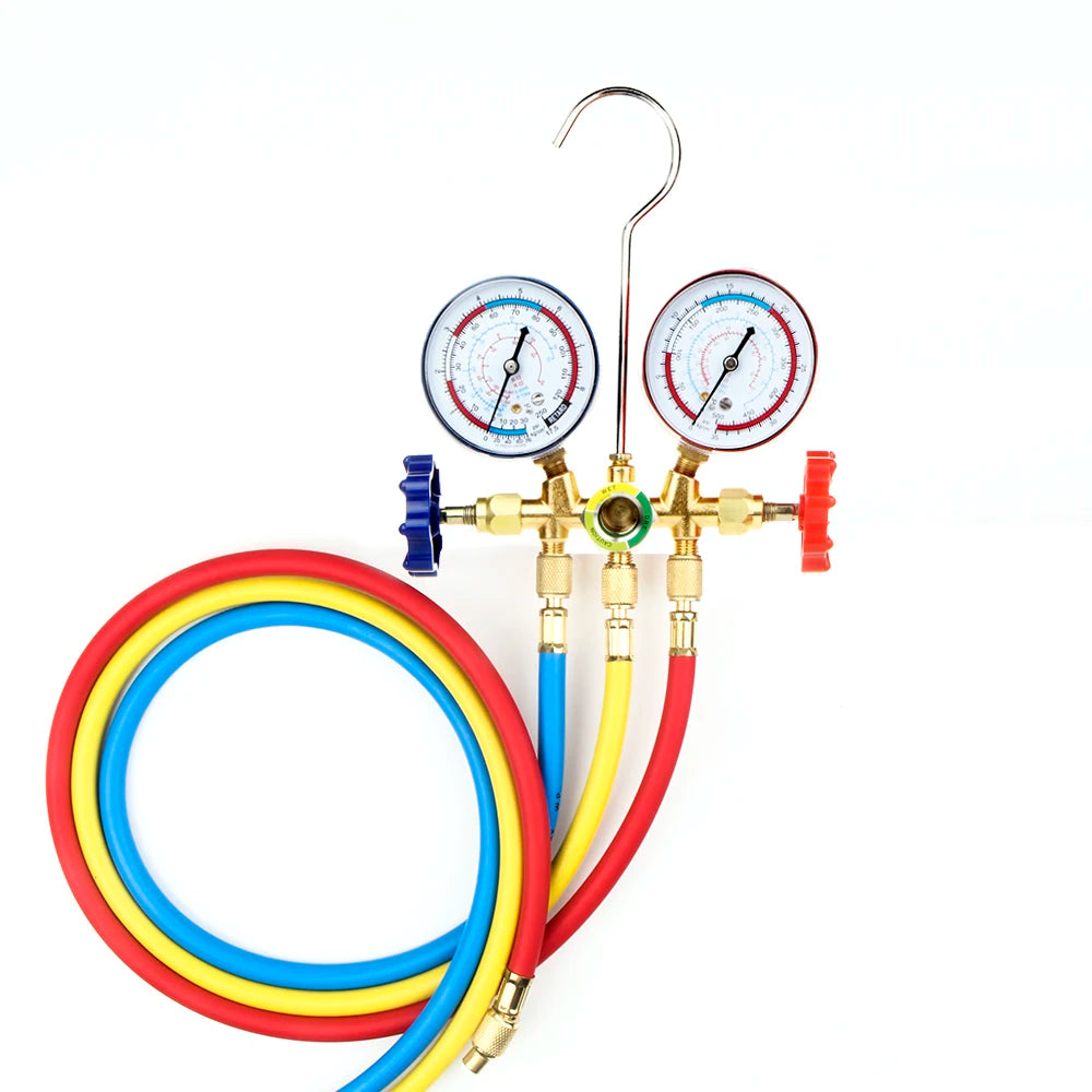 A/C manifold gauge set with low and high side gauges, hook and red, yellow and blue hoses | Wrench Haus