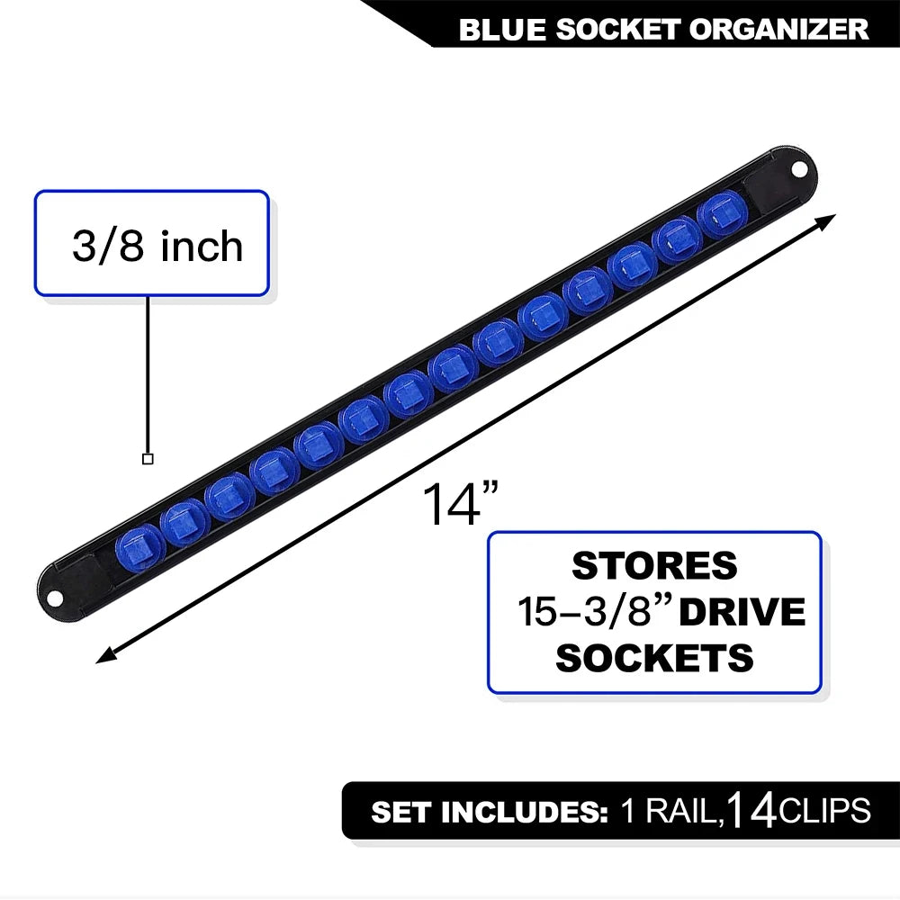 360° Swivel Socket Organizer Rail - 3/8 inch drive rail spec showing 14 inch length storing up to 15 three-eighths-inch drive sockets | Wrench Haus