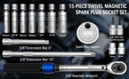 Spark plug socket set contents with size labels from 14 to 21 mm, extensions and ratchet | Wrench Haus
