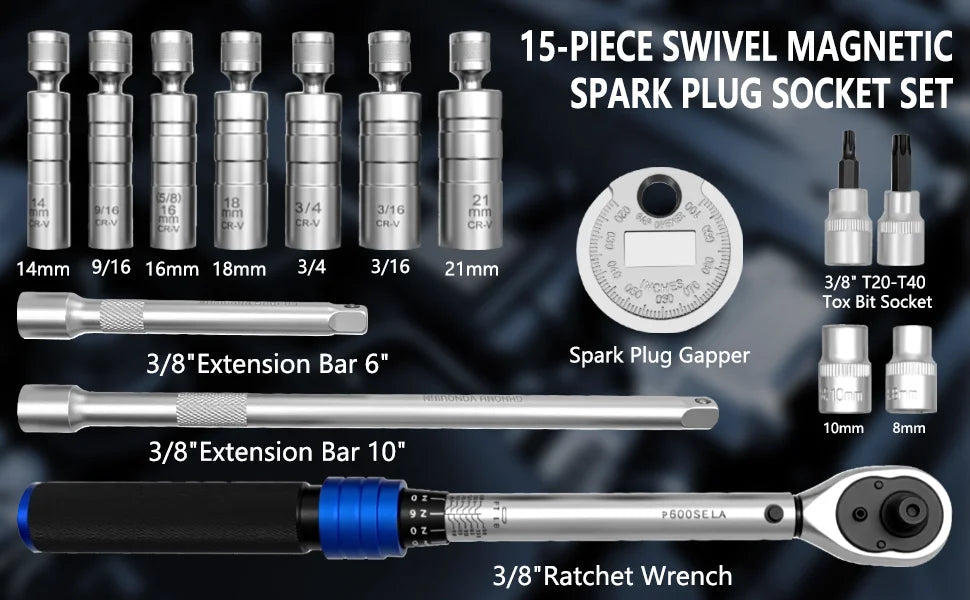 Spark plug socket set contents with size labels from 14 to 21 mm, extensions and ratchet | Wrench Haus