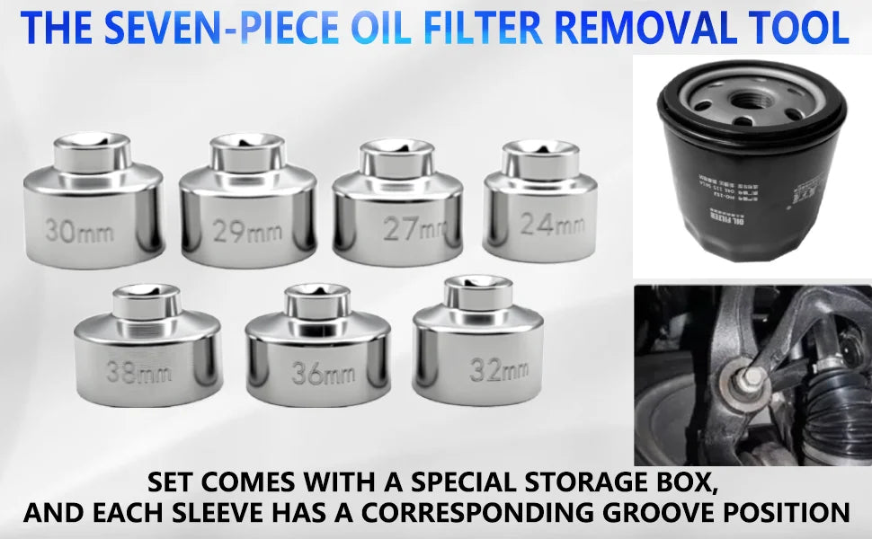 Oil filter socket set sizes 24-38 mm with photos of a spin-on filter and a socket on the housing | Wrench Haus