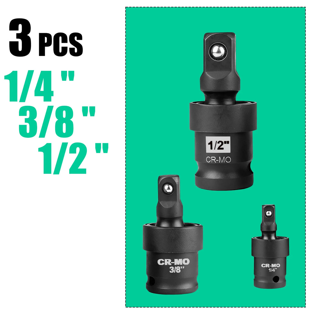 Universal Joint Swivel Set 3pc 1/4 3/8 1/2 Drive - CR-MO Pneumatic Socket Adapter | Wrench Haus