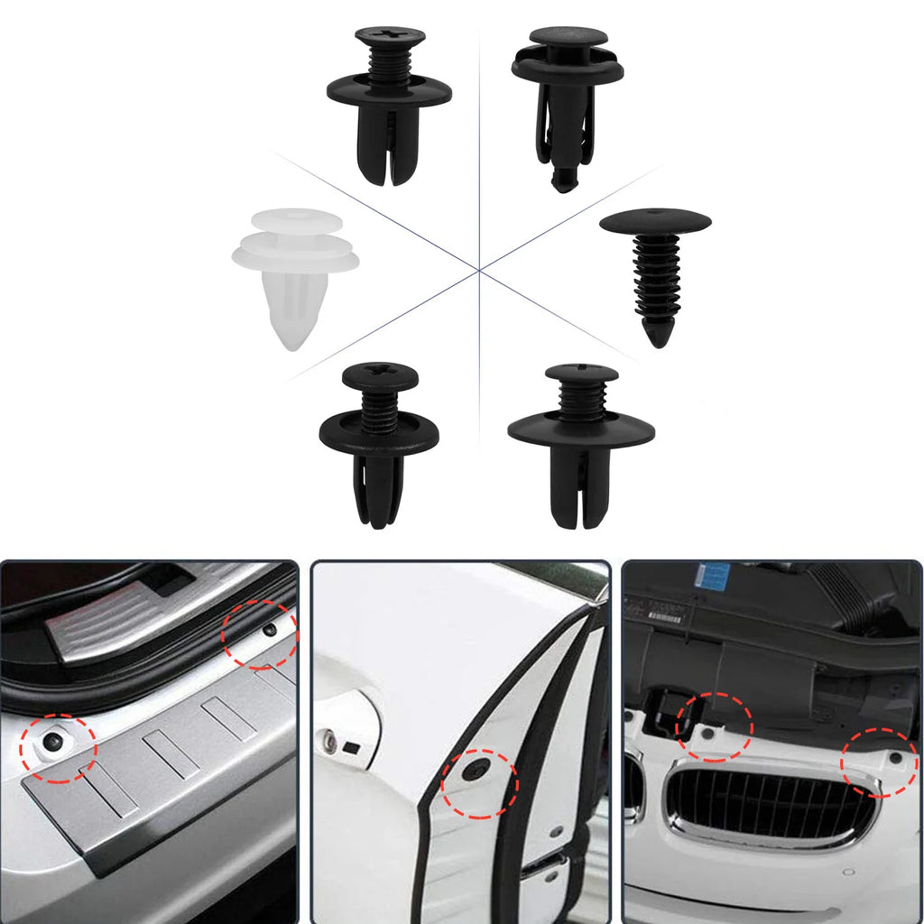 Six push retainer clip styles with photos of clips on a bumper, door and grille | Wrench Haus