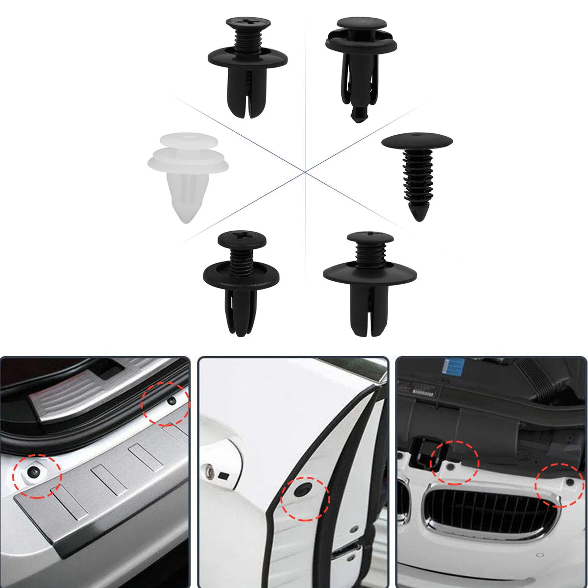 Six push retainer clip styles with photos of clips on a bumper, door and grille | Wrench Haus