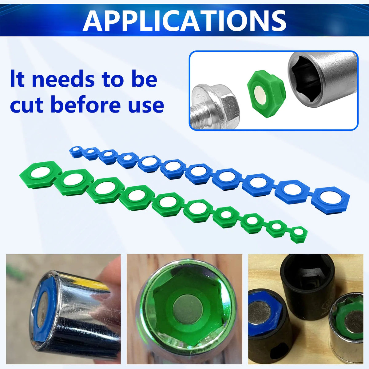 Magnetic socket inserts applications: cut-to-fit note and photos of inserts seated inside sockets | Wrench Haus