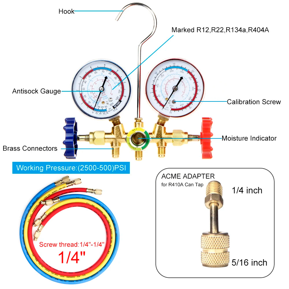 Manifold gauge dial detail for R134a refrigerant | Wrench Haus
