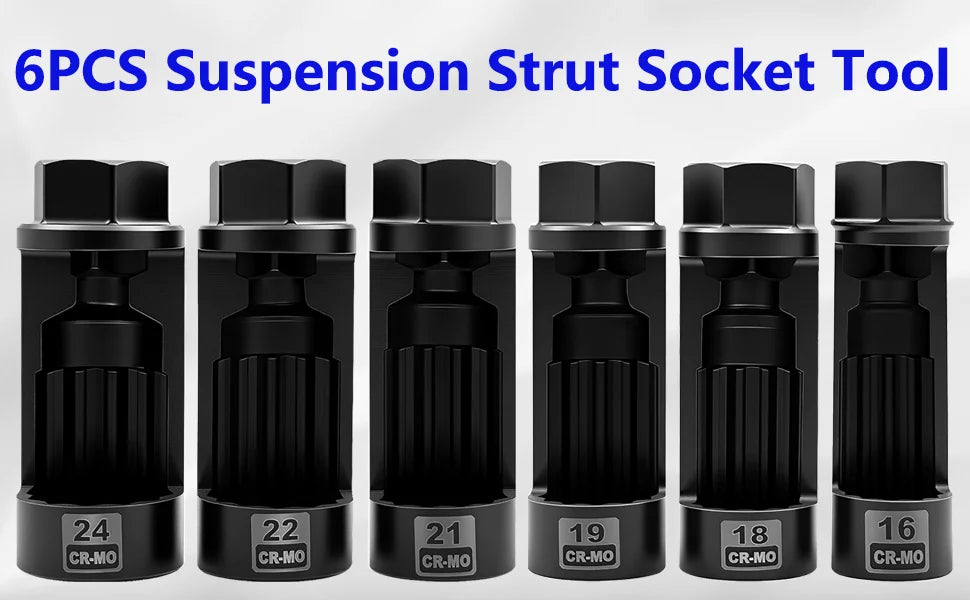Row of six black strut nut sleeves standing upright with size markings visible on each | Wrench Haus