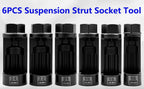 Row of six black strut nut sleeves standing upright with size markings visible on each | Wrench Haus