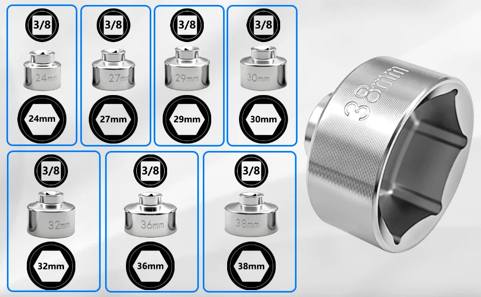 Grid of all seven 3/8" drive oil filter cap sockets beside a large close-up of one socket | Wrench Haus