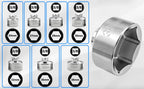 Grid of all seven 3/8" drive oil filter cap sockets beside a large close-up of one socket | Wrench Haus