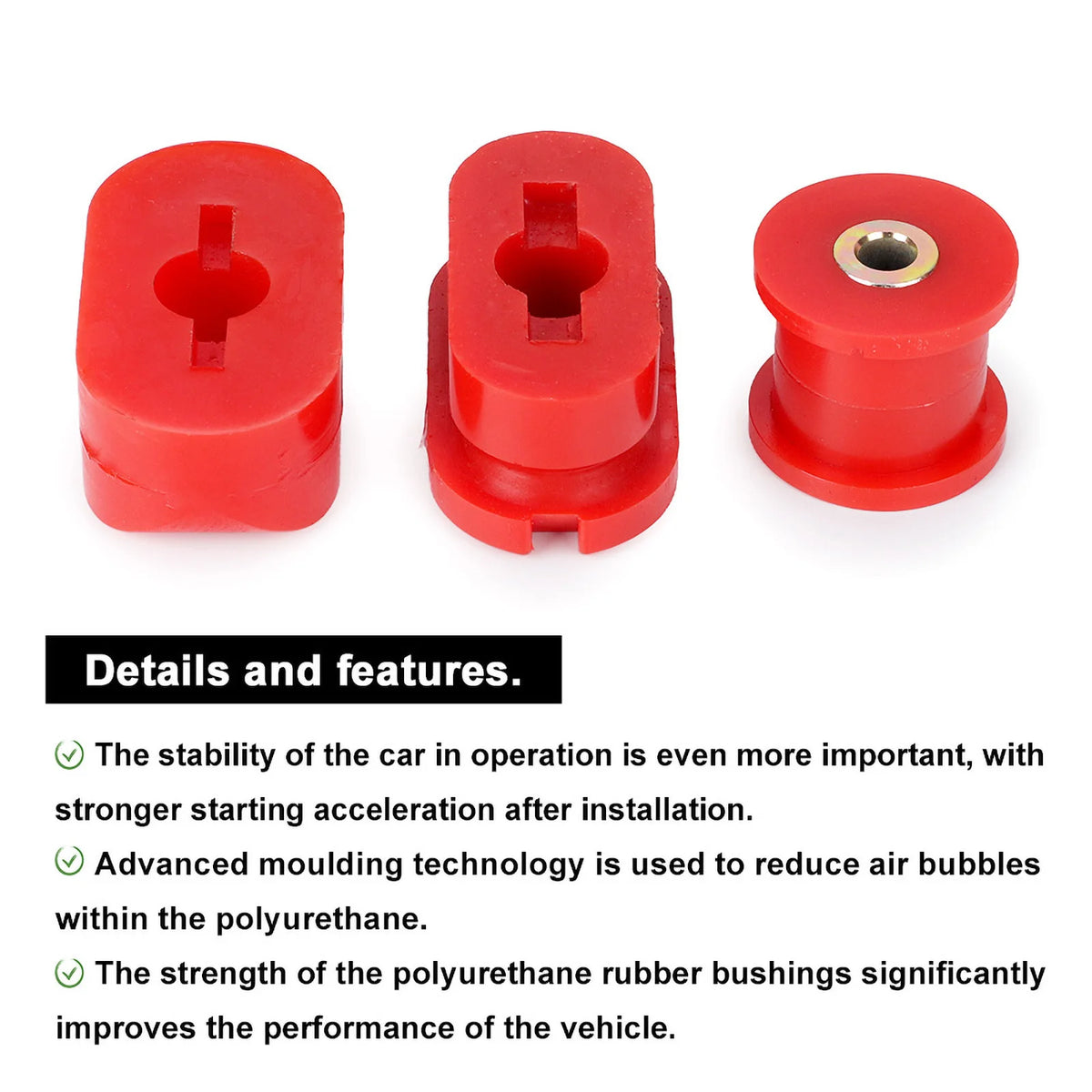 Three red polyurethane dog bone engine mount inserts with details and features list below | Wrench Haus