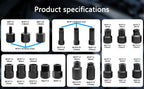 Product specification grid of all diesel injector puller adapters labeled by thread size | Wrench Haus