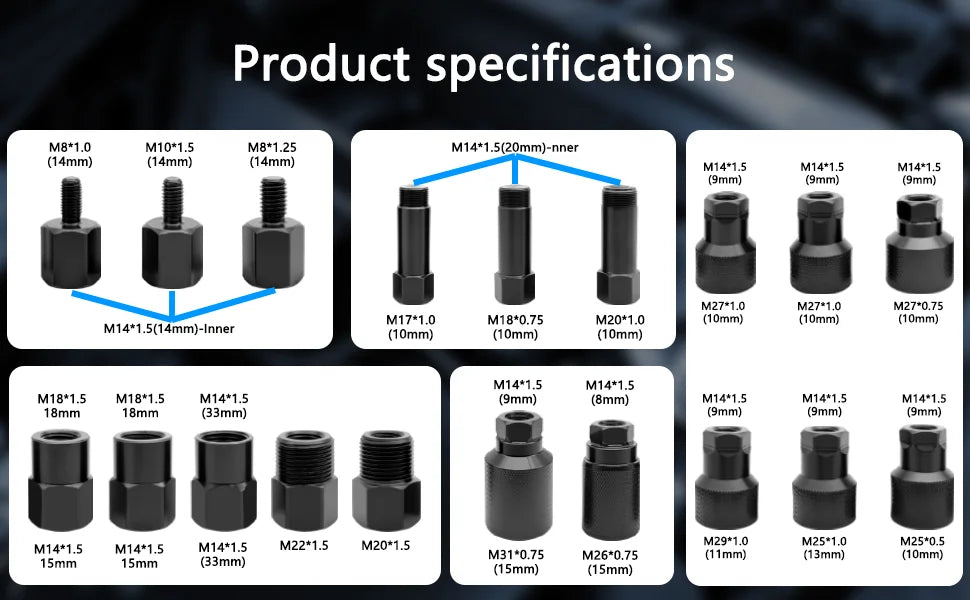 Product specification grid of all diesel injector puller adapters labeled by thread size | Wrench Haus