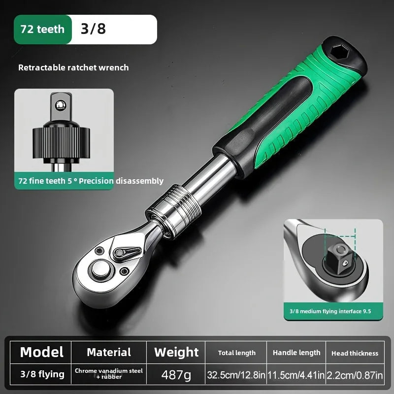 Retractable Ratchet 1/2 Inch Drive 72T - Extendable Green Handle Quick Release | Wrench Haus
