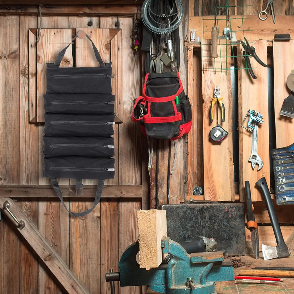 Roll-Up Tool Bag Hanging on Pegboard - Olive Green Canvas Multi-Pocket Workshop Storage | Wrench Haus