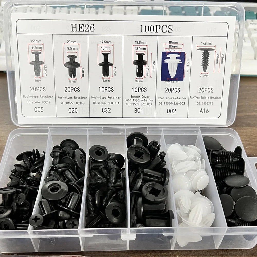 100-piece push retainer clip kit case on a desk, open lid with size chart | Wrench Haus