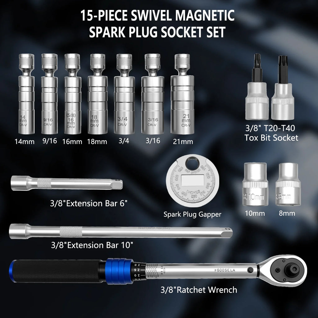 Labeled contents of the 15-piece spark plug socket set: swivel sockets, extensions, ratchet, Torx bits | Wrench Haus