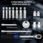 Labeled contents of the 15-piece spark plug socket set: swivel sockets, extensions, ratchet, Torx bits | Wrench Haus