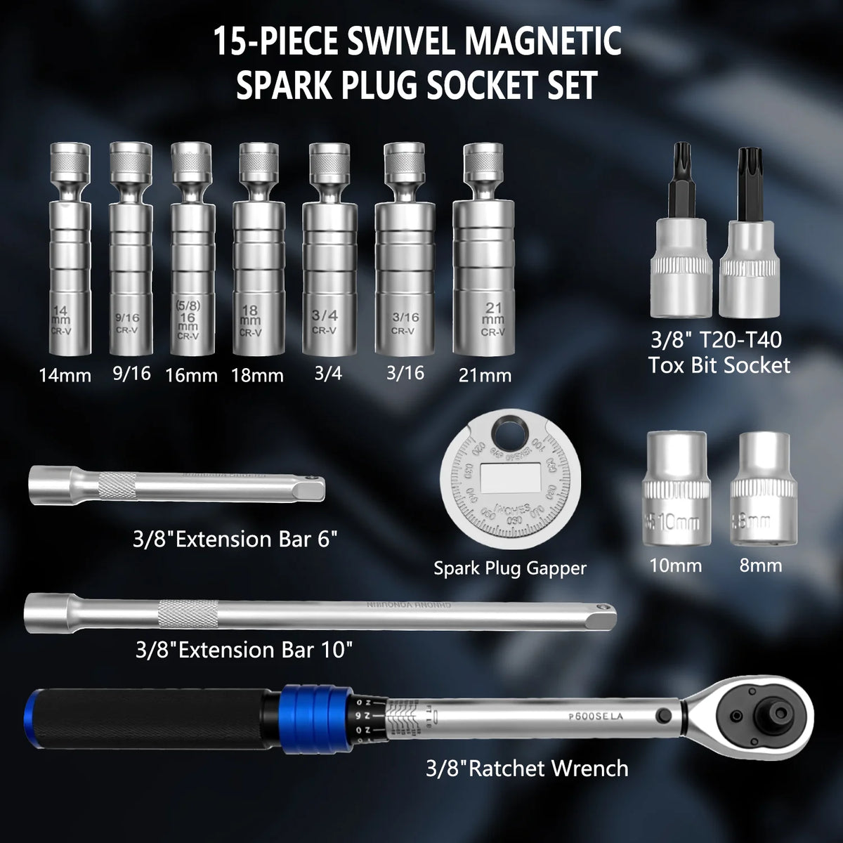 Labeled contents of the 15-piece spark plug socket set: swivel sockets, extensions, ratchet, Torx bits | Wrench Haus