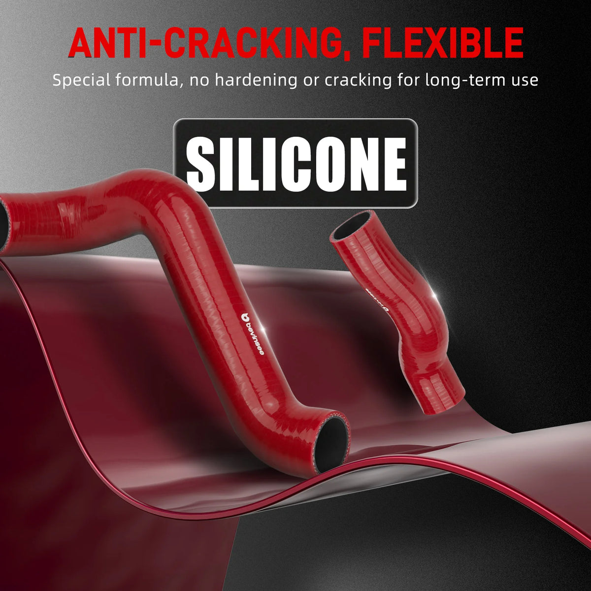Silicone radiator hose kit, red hoses on dark background with flexibility callout | Wrench Haus