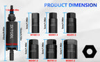 Drive shaft puller and adapter size chart M16x1.5 to M30x1.5 with hex end diagram | Wrench Haus