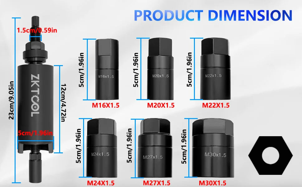Drive shaft puller and adapter size chart M16x1.5 to M30x1.5 with hex end diagram | Wrench Haus
