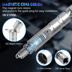 Cutaway of the magnetic swivel spark plug socket gripping a plug, with 12-point and 3/8" drive views | Wrench Haus